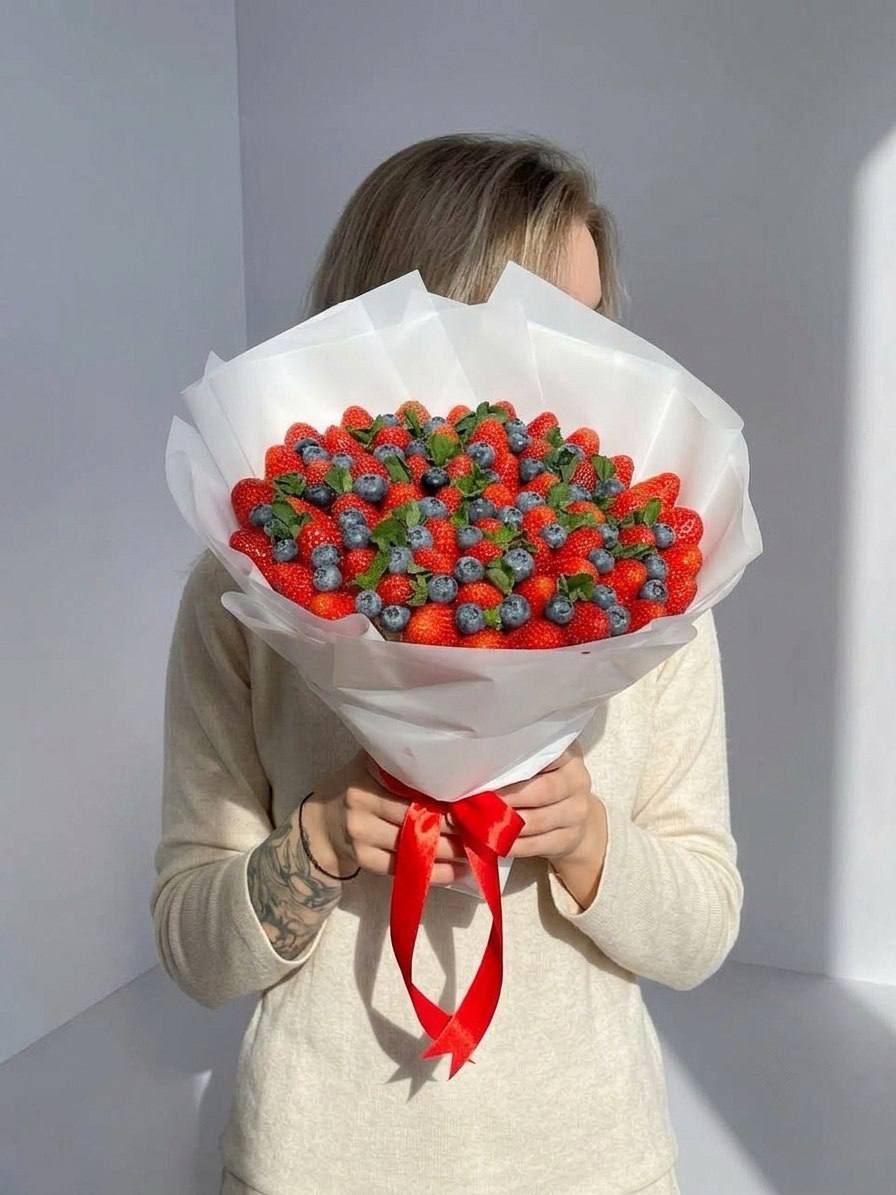 Букет из клубники «Изумрудный рассвет в алых тонах»